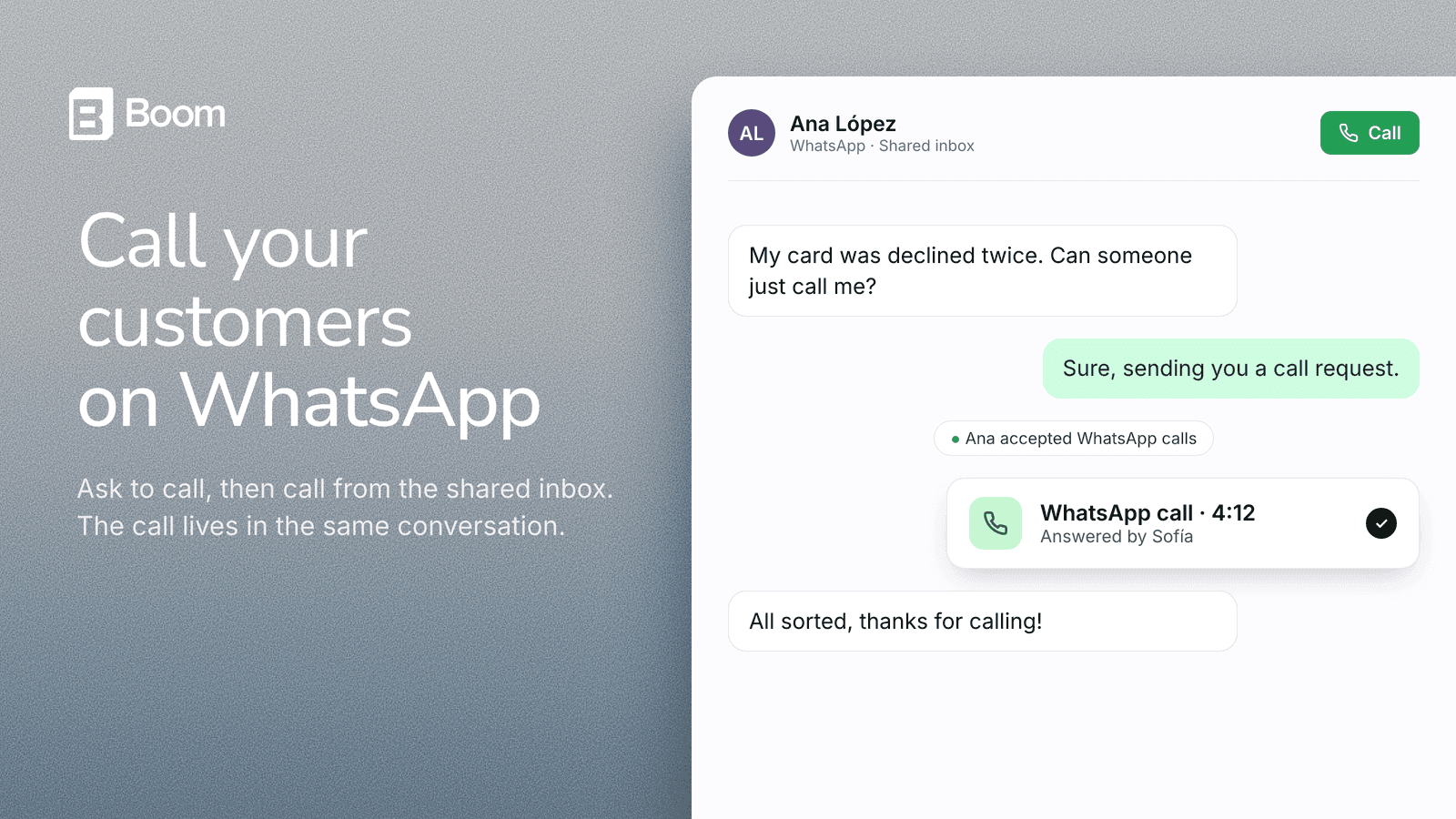 A WhatsApp conversation in the shared inbox: the customer asks for a call, accepts the call request, and a completed WhatsApp call card appears in the thread